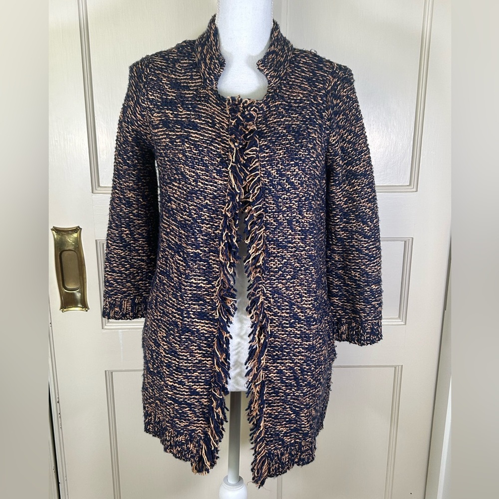 Sparrow Anthropologie Women’s Blue/Gold Fringe Sweater Cardigan size Small